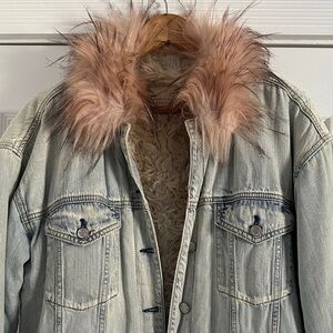 American Eagle Denim Jacket with Pink Faux Fur Collar